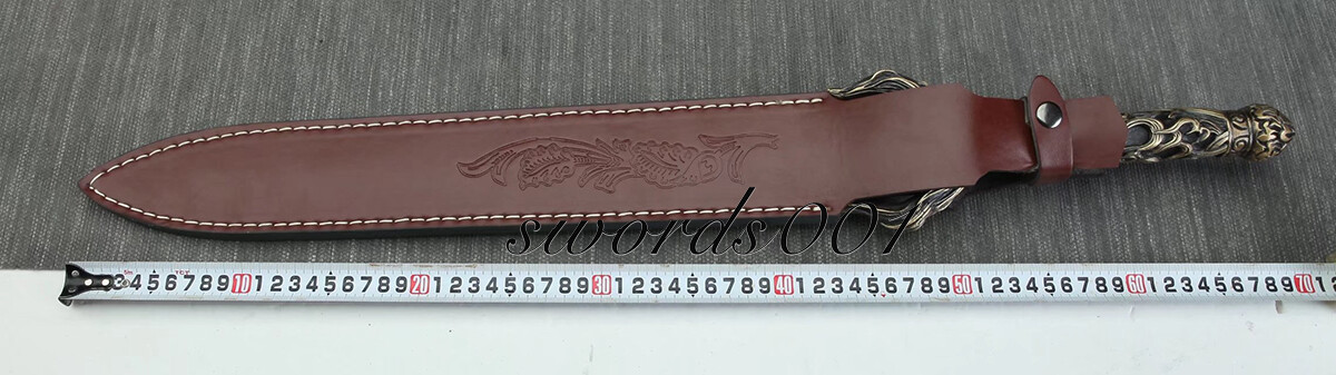 Handmade Exquisite Brass Handle Short Sword Damascus Steel Blade Leather Sheath