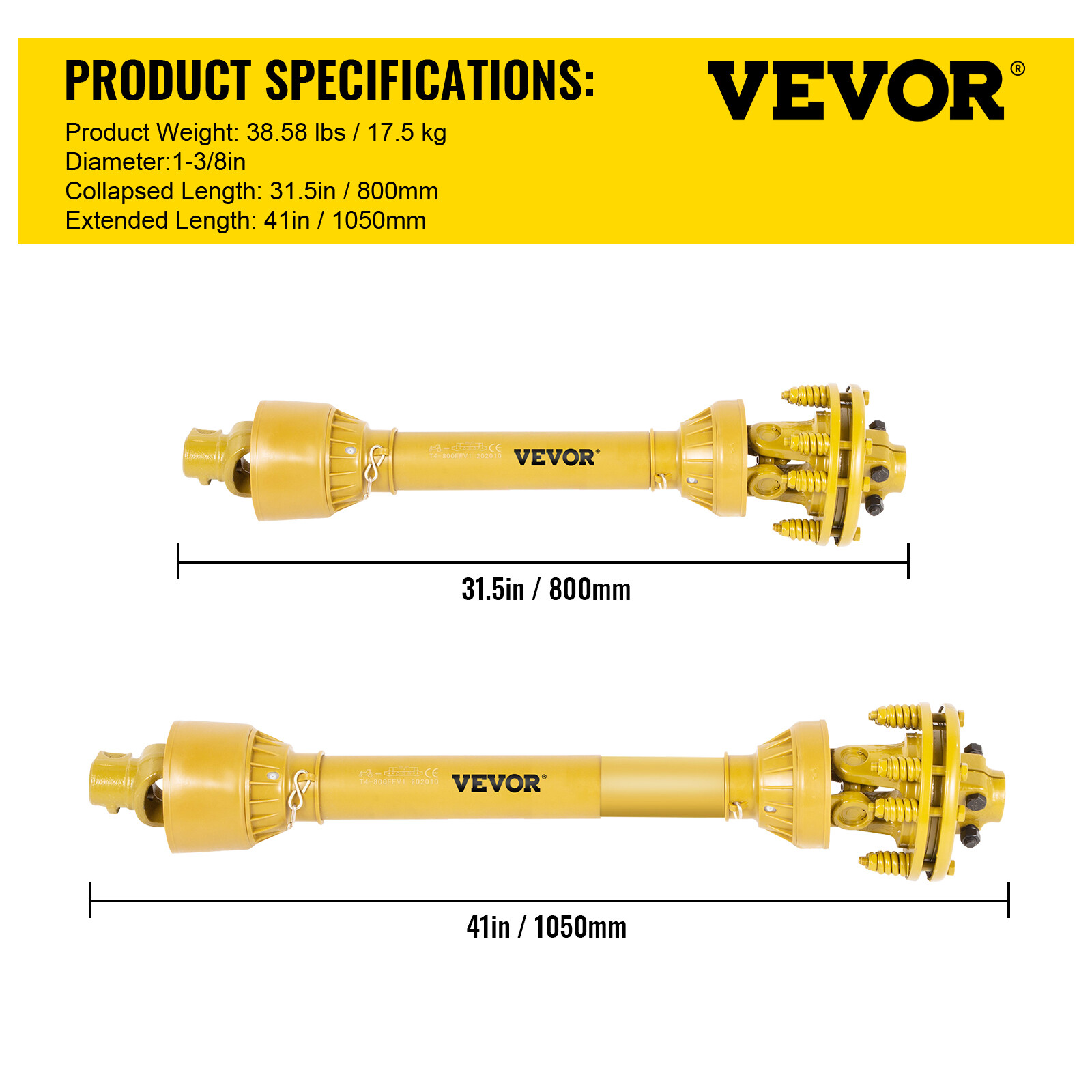 VEVOR PTO Shaft PTO Drive Shaft 1-3/8"x6 Spline w/Slip Clutch Yellow T4 31.5-41"