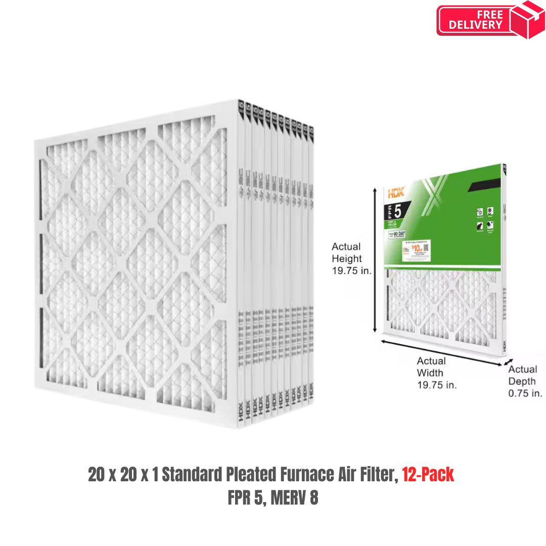 20 x 20 x 1 Standard Pleated Air Filter FPR 5, 12-Pack, Air Filters Replacement