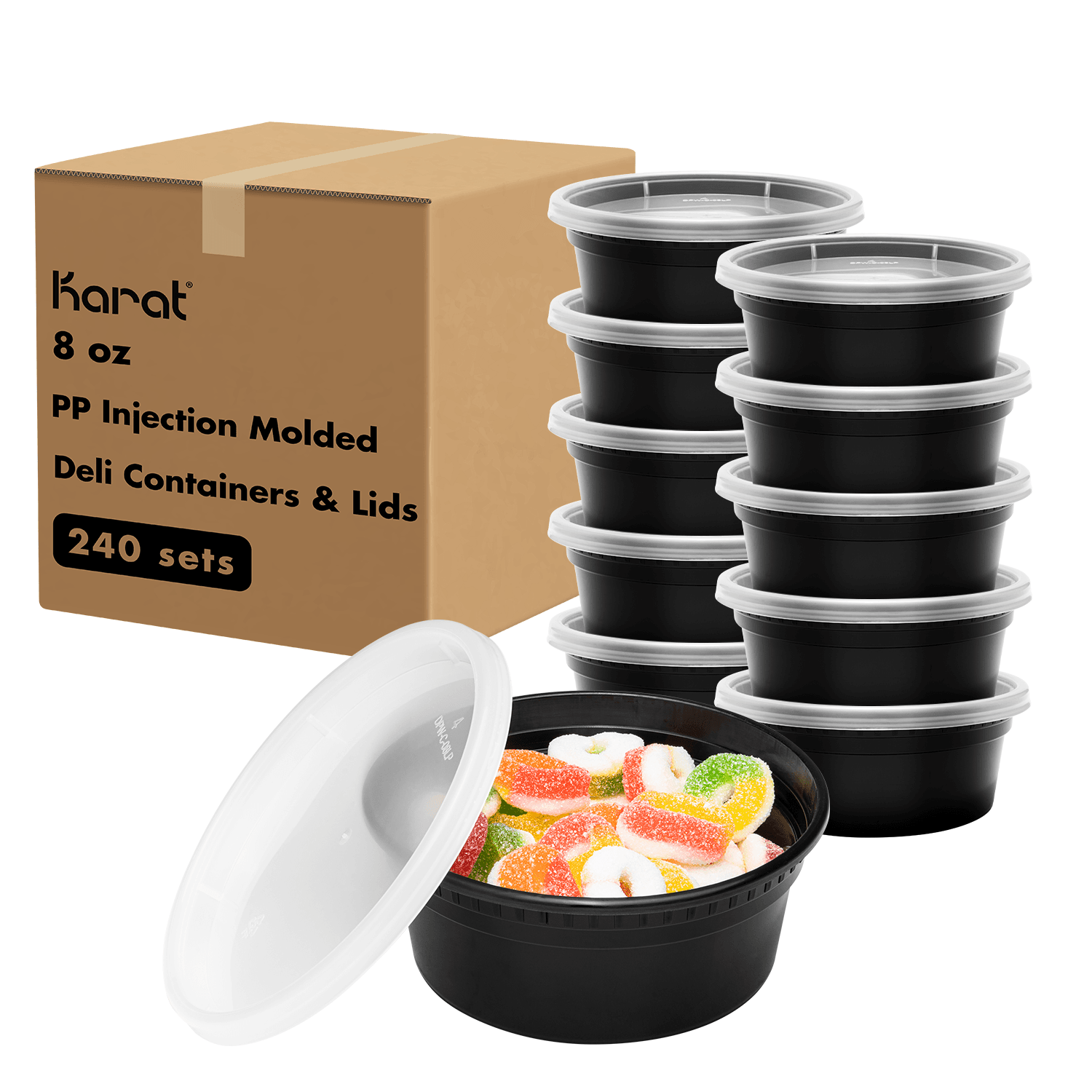 Karat 8 oz Black PP Injection Molded Round Deli Containers with Lids - 240 Sets