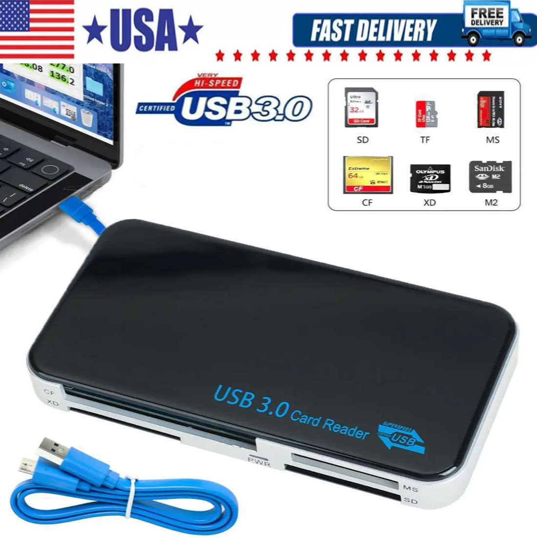 USB 3.0 Memory Card Reader Adapter 5GBPS Fit CF/TF/SD/Micro SD/XD/M2/MS Card LOT