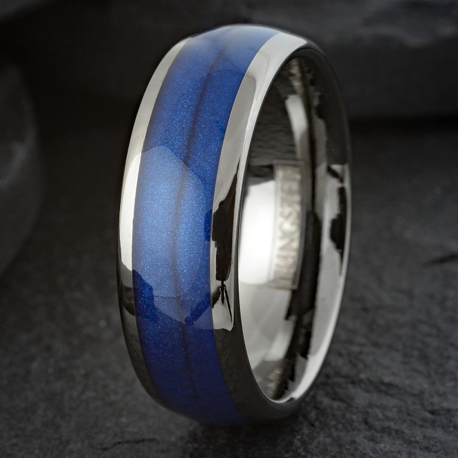 Gunmetal Tungsten Carbide Blue Flowing Sand Wedding Band Ring