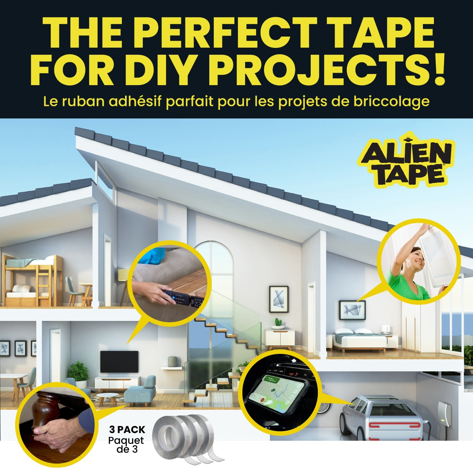Alien Tape Double Sided Multipurpose Adhesive Grip Mounting Tape - 3 Pack