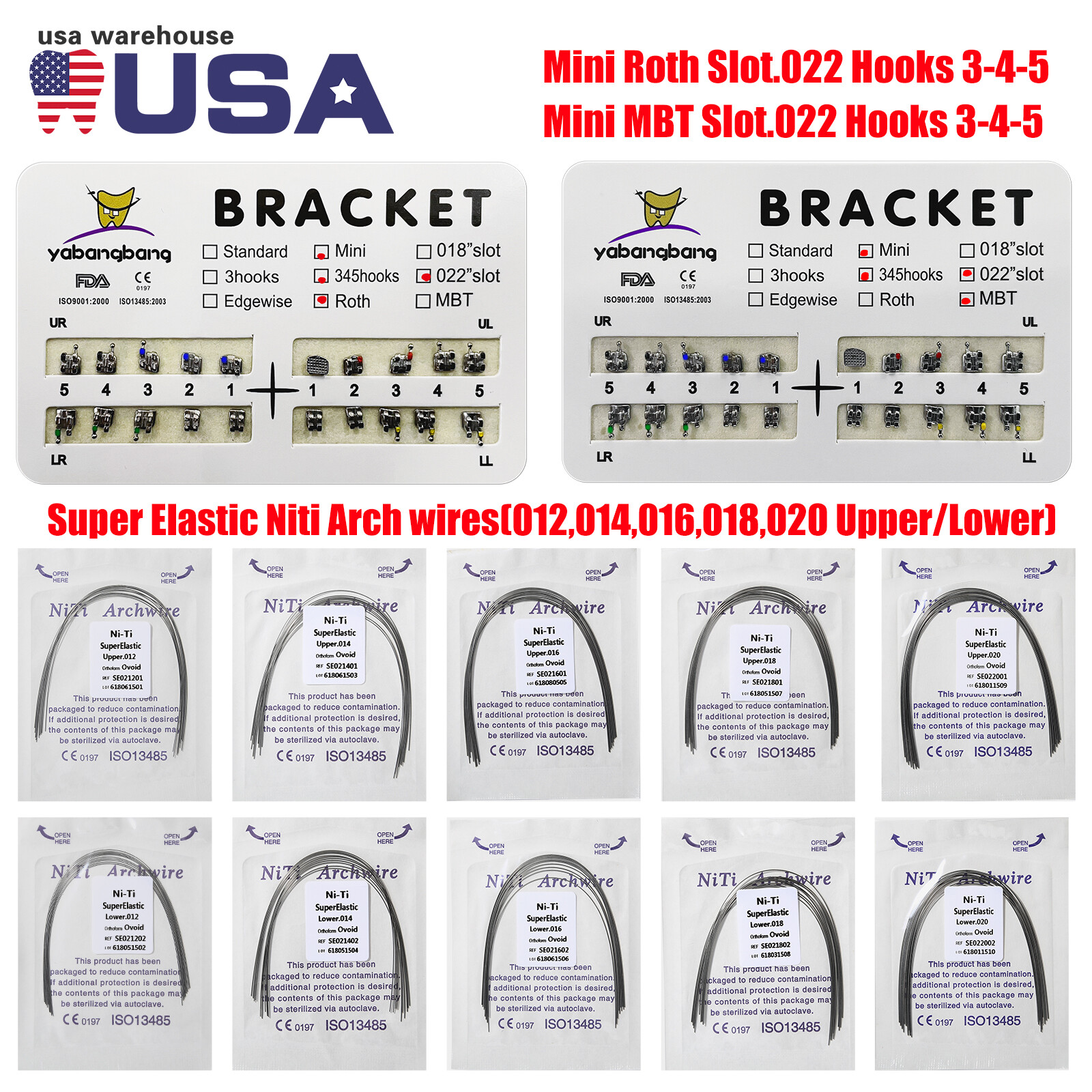 Dental Orthodontic Bracket Braces Roth/MBT 345 Hooks /Super Arch Wire Niti Round