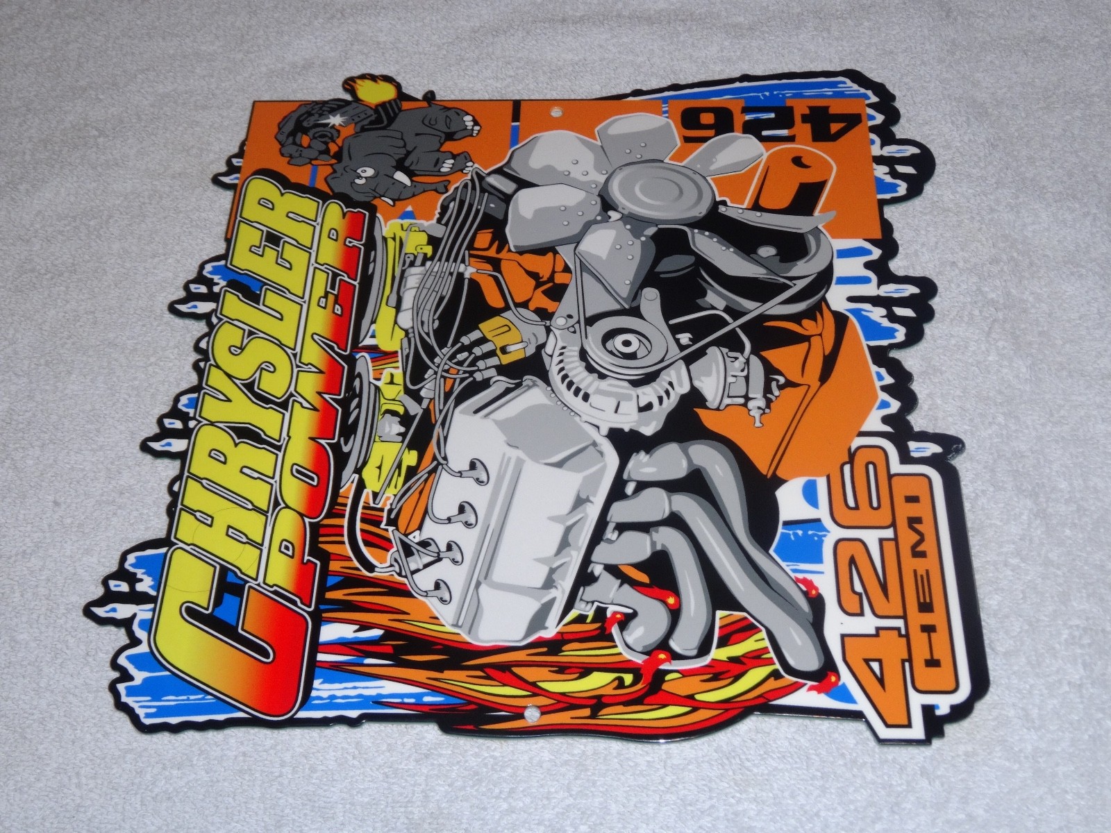 VINTAGE "CHRYSLER POWER 426 HEMI MOTOR ELEPHANT" 11 3/4" METAL GASOLINE OIL SIGN