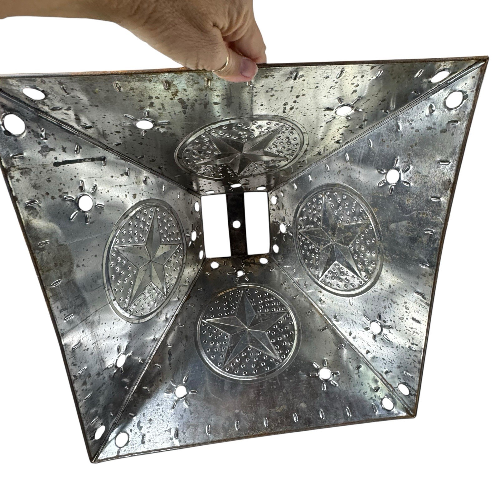 Vintage Rustic Hammered Metal Punched Tin Folk Art Square Lamp Shade 18”x18”