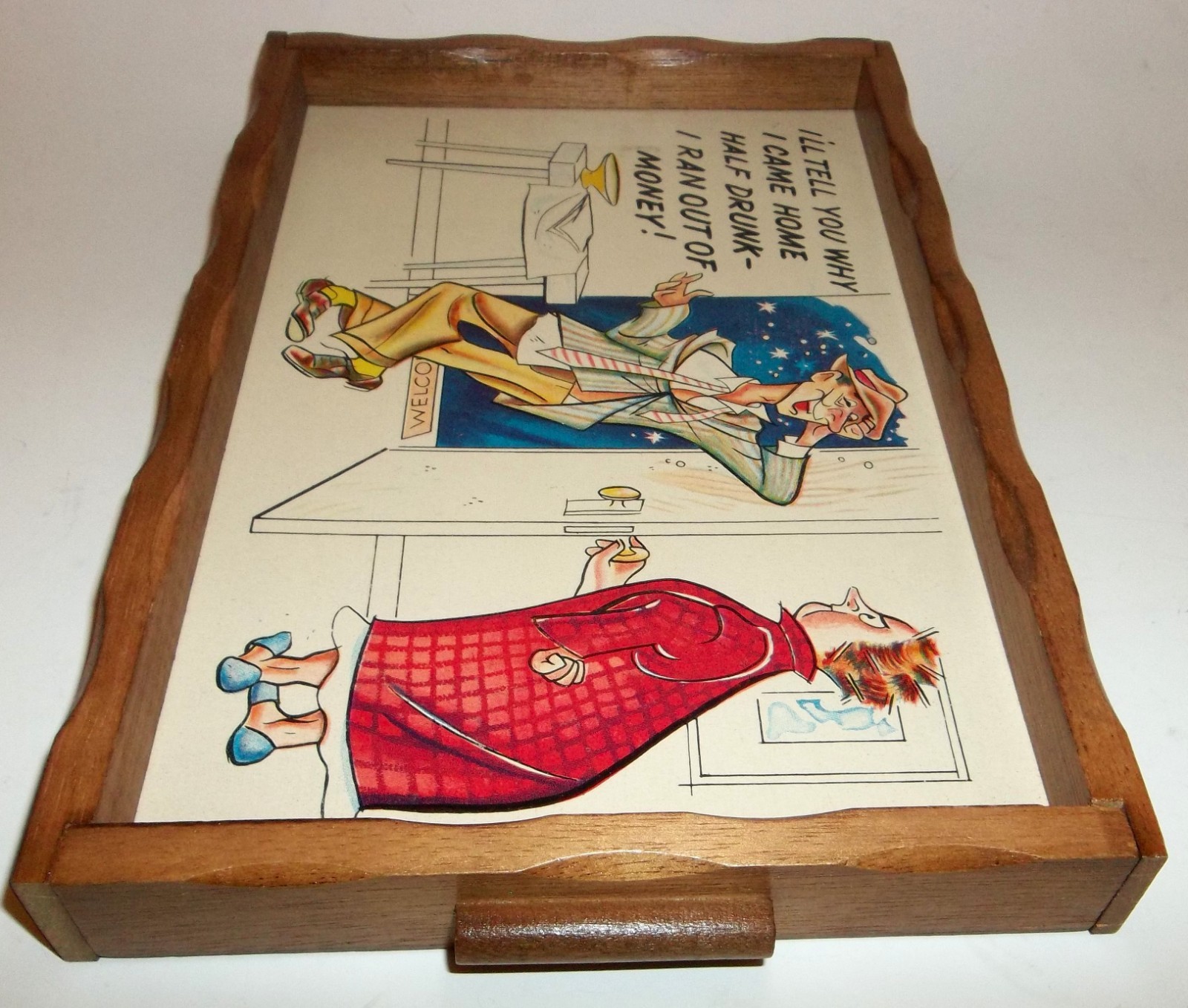 Vtg Wooden Bar Room Decor Funny Tray Sign Tipsy Man & Housewife Woman