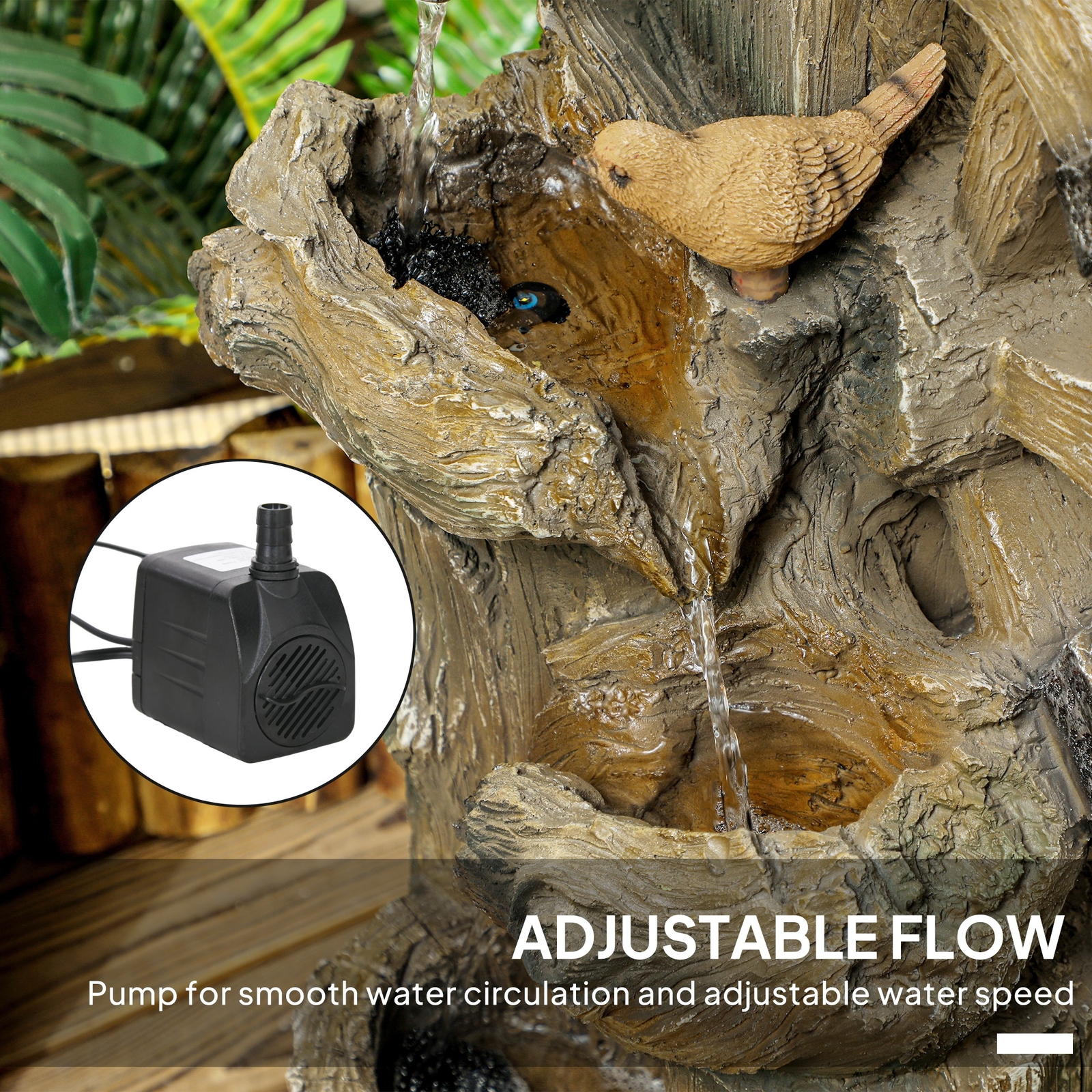 2-in-1 Outdoor Water Fountain Birdhouse Tree Trunk Water Feature