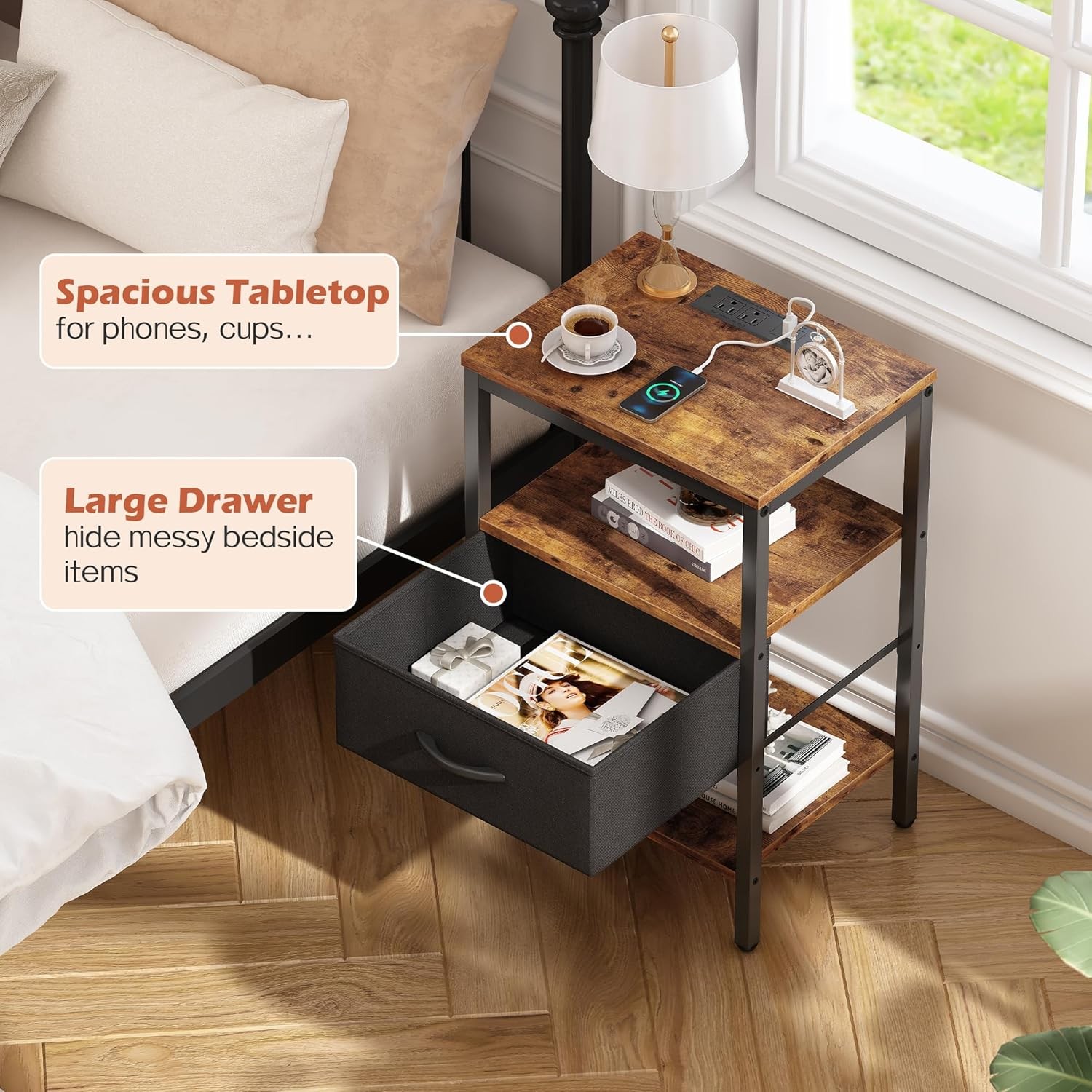 Nightstand with Charging Station, Bed Side Table with Adjustable Fabric Drawer,