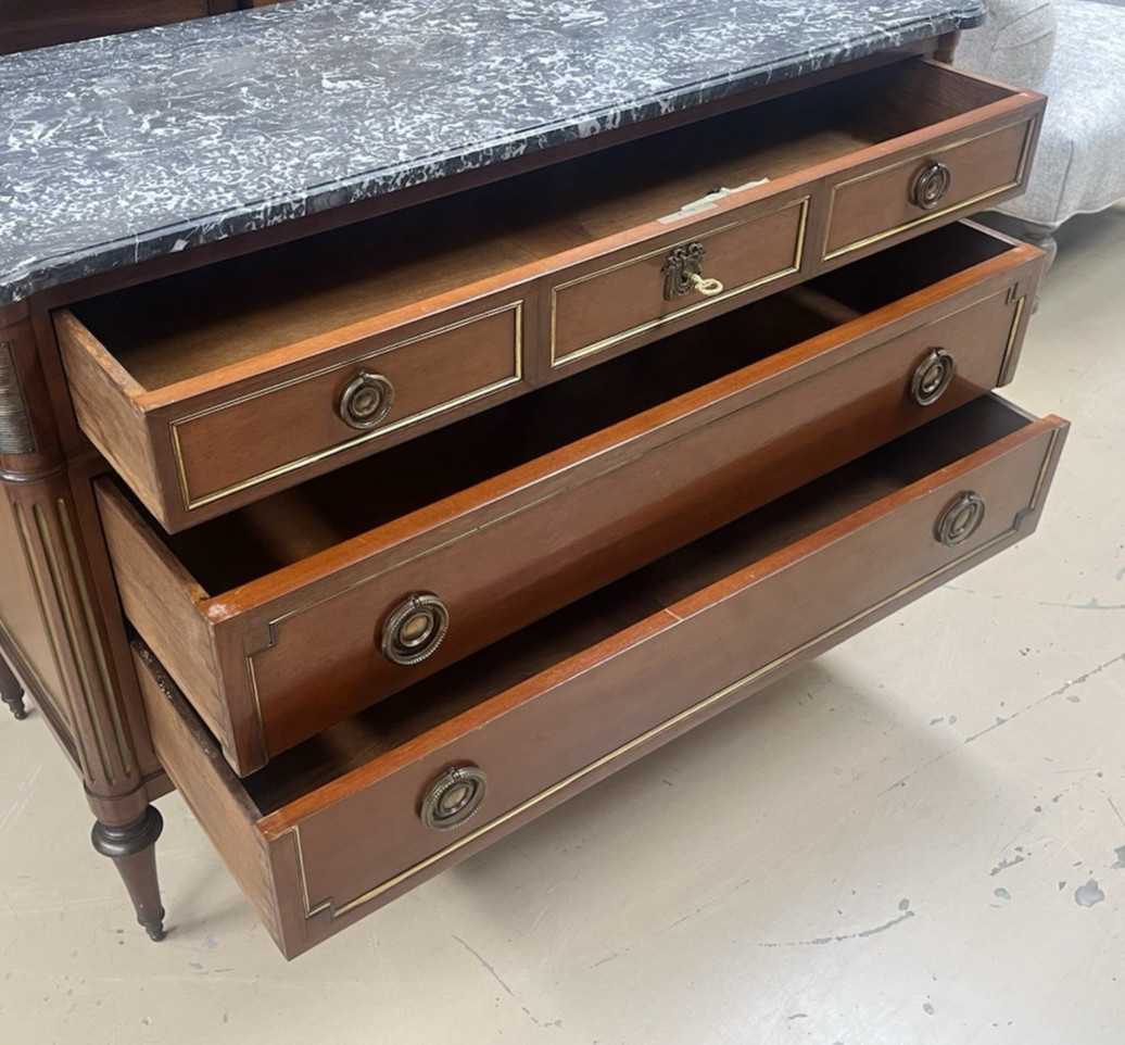 ANTIQUE FRENCH LOUIS XVI MARBLE-TOP MAHOGANY CHEST OF DRAWERS COMMODE