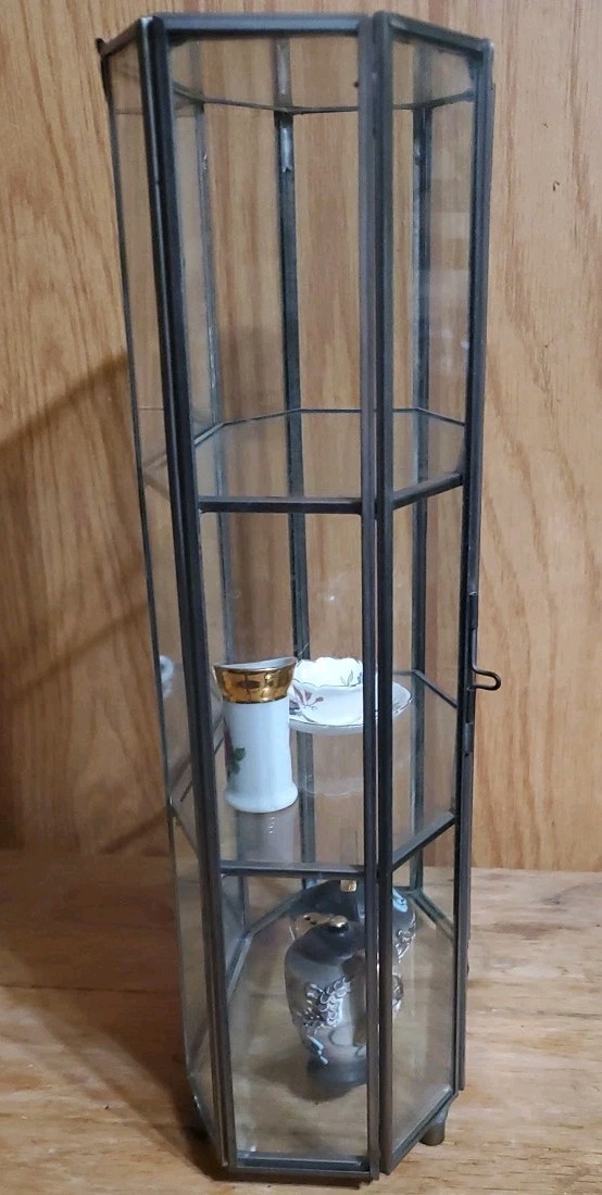 Vtg Brass Glass Hexagonal Curio Display Cabinet Showcase 2 Shelves Door