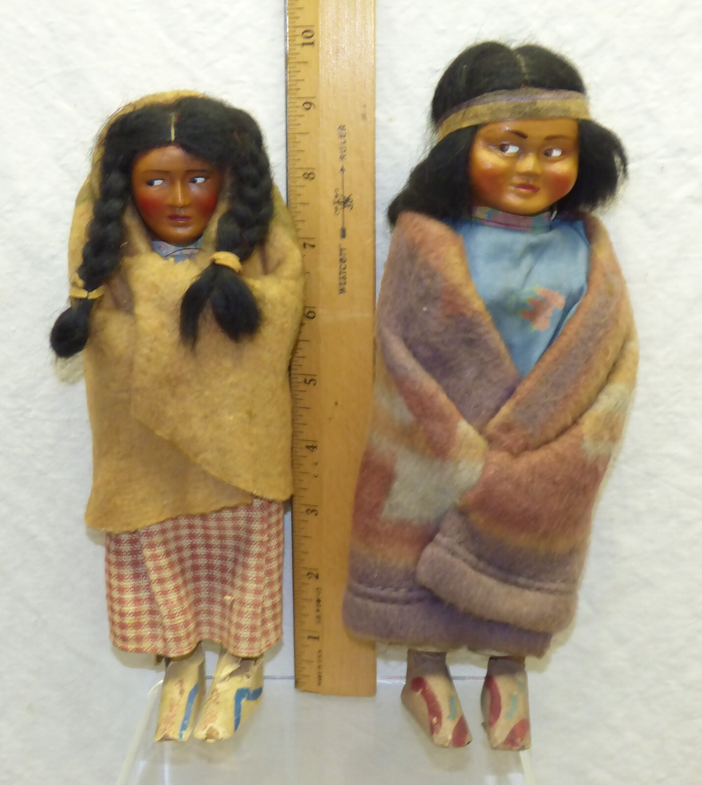 Skookum Dolls 10" Male & 9" Female w/ Taped Feet Side Glancing Eyes Vintage Pair
