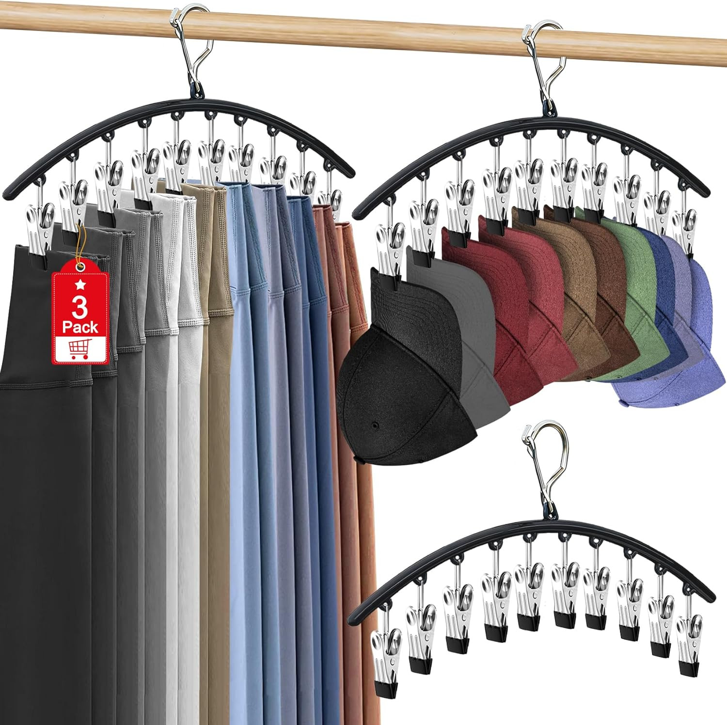 3-Pack Metal Hat Hangers with 30 Clips for Closet Storage and Display