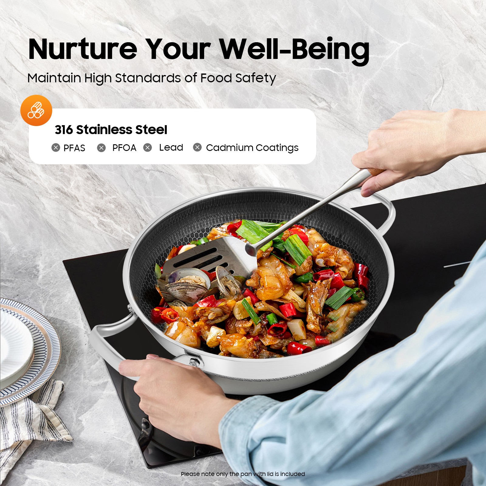 12-inch Stainless Steel Sauté Pan Skillet Non-stick Frying Pan With Lid