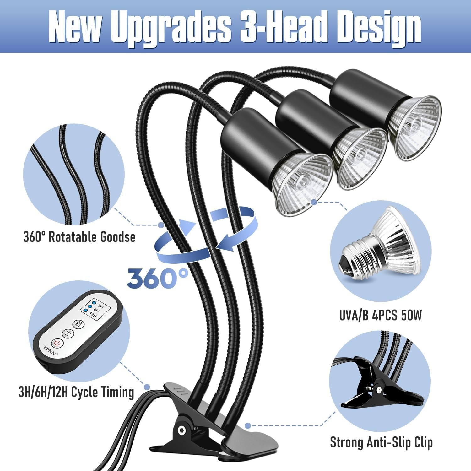 Reptile Heat Lamp Turtle Lizard 4 Bulb Adjustable Basking Heating Lamp with Clip