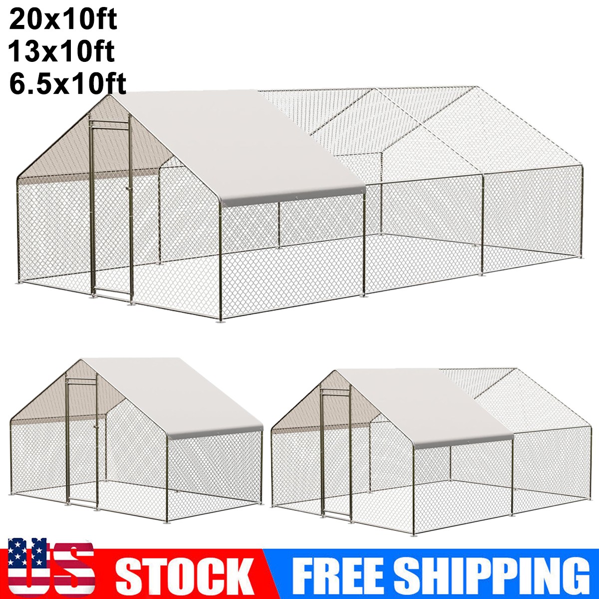 Metal Chicken Coop 6.5/13/20 FT Large Walk-in Hen Cage House with Cover Roof NEW