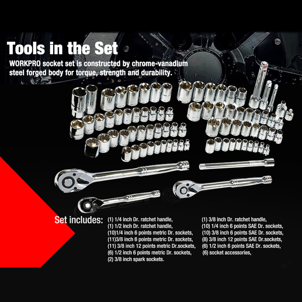 WORKPRO 408 Piece Mechanics Tool Set Socket Wrench Set With Heavy Duty Metal Box