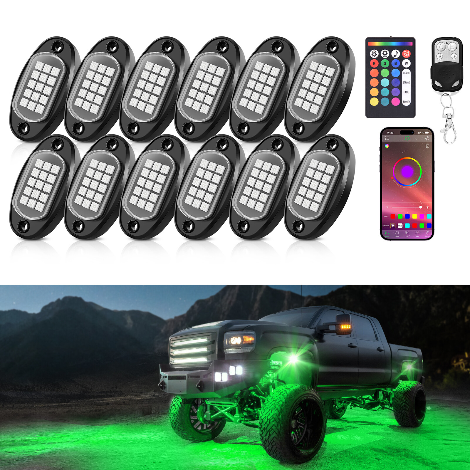 12 Pods RGB LED Rock Lights, 3 Control Way Bluetooth Remote & Fob Underbody Lamp