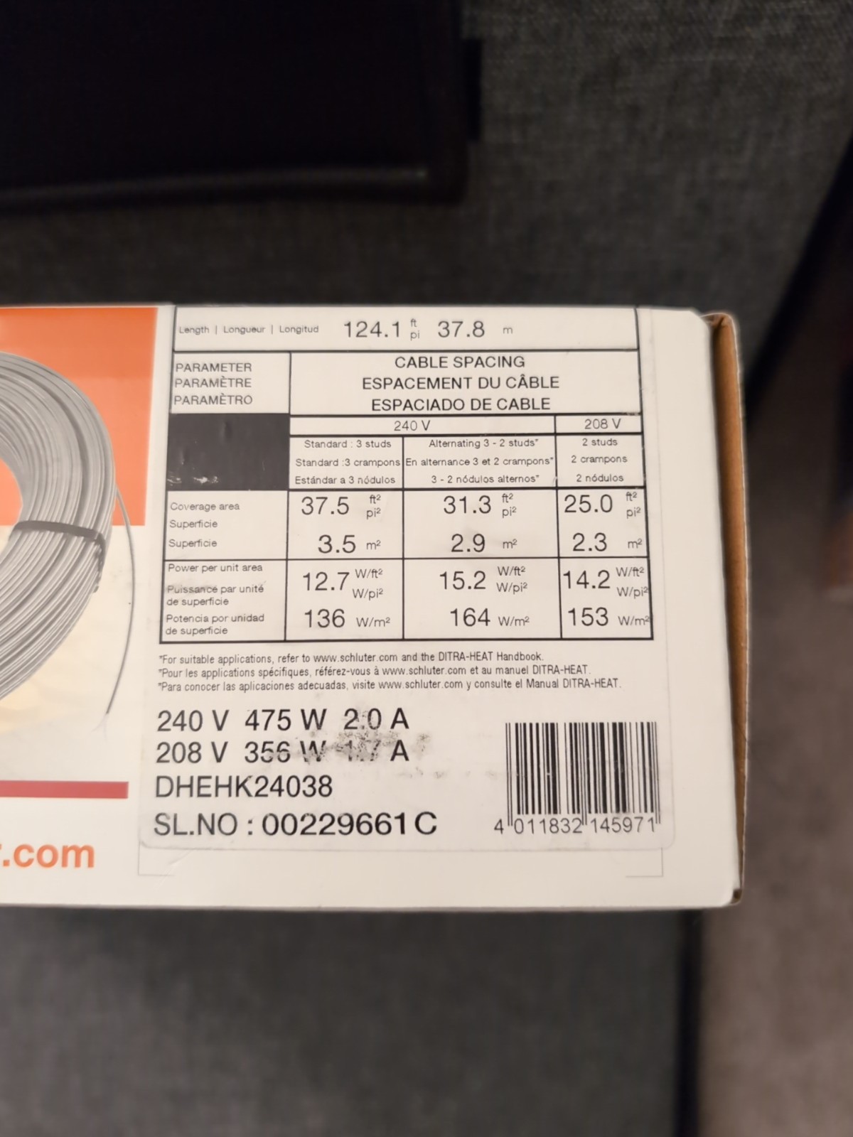 Schluter DITRA-HEAT DHEHK24038 Cable 240V 124.1 Ft- (37.5 Sqft)