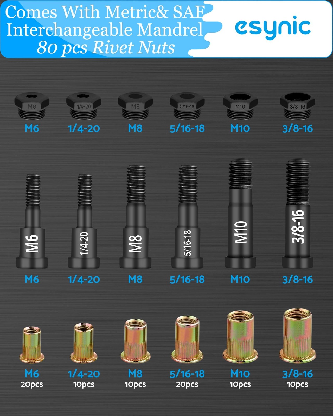 eSynic Durable Rivet Nut Gun Tool High Efficiency Rivnut Gun Kit with 3 Size ...