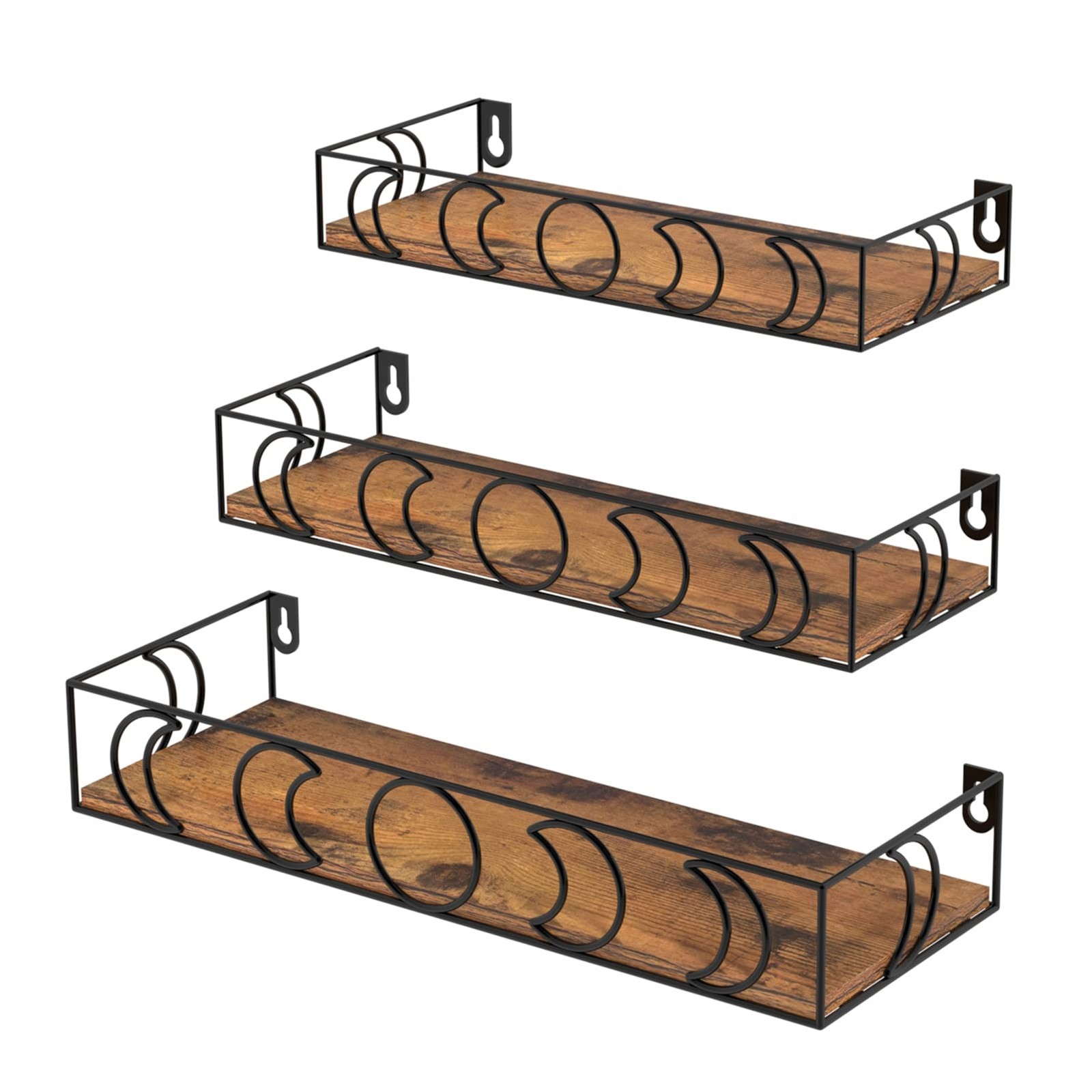 PHAREGE Moon Phase Floating Shelves Brown Black, Set of 3 Small Decorative Wa...