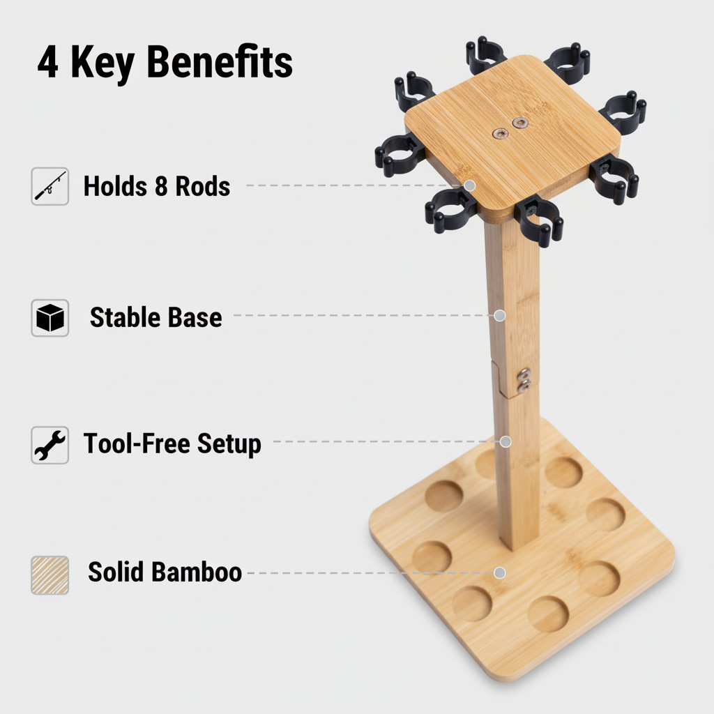 Fishing Rod Storage Racks, 100% Wood Floor Stand Fishing Pole Holders of 8 Rods