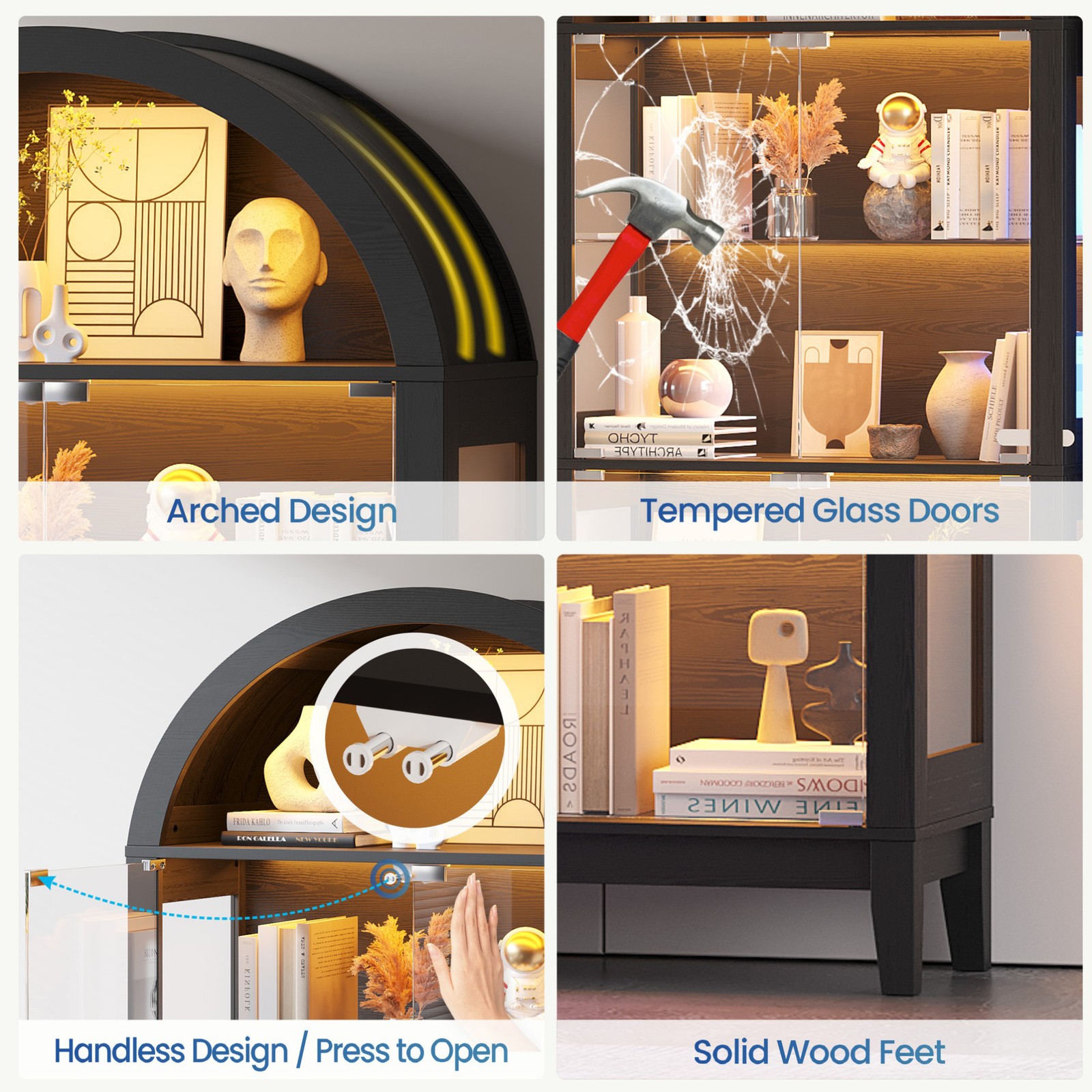 Black Curio Cabinet with Glass Doors, 69" Arched Display Cabinet with RGB Lights