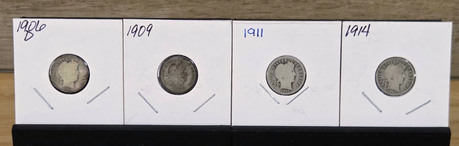 Barber Dimes lot 4 Count. 1906D, 1909 1911 and 1914.