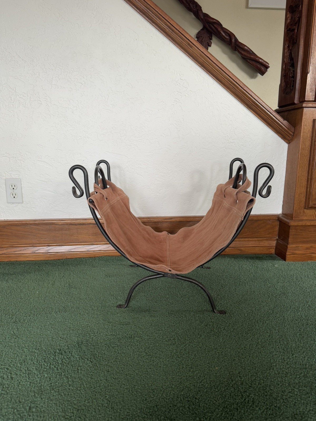 Vintage Metal and Suede Fireplace Log Holder Folding Firewood