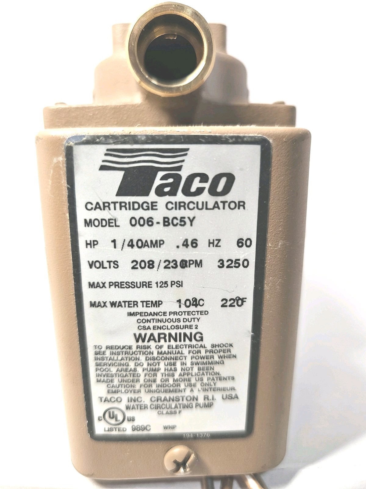 Taco 006-BC8Y-2 Hvac Circulating Pump, 1/40 Hp, 230, 1 Phase, Sweat Connection