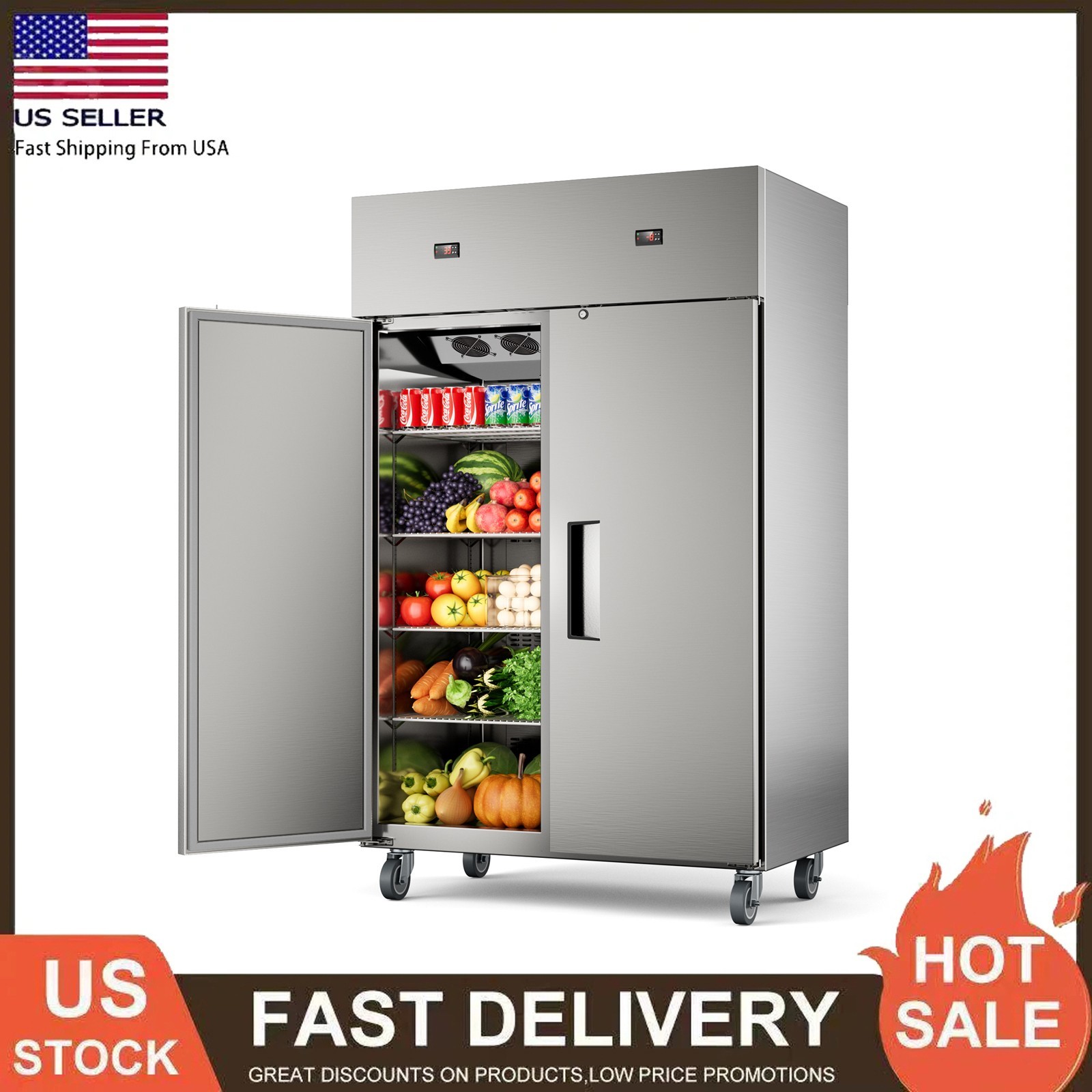 48" Commercial Fridge Freezer Combo, 2 Door Stainless Steel Fridge Freezer Dents