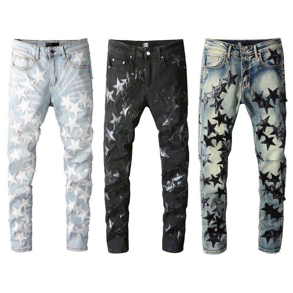 STAR PU Patchwork Men's Ripped Skinny Stretch Denim Jeans