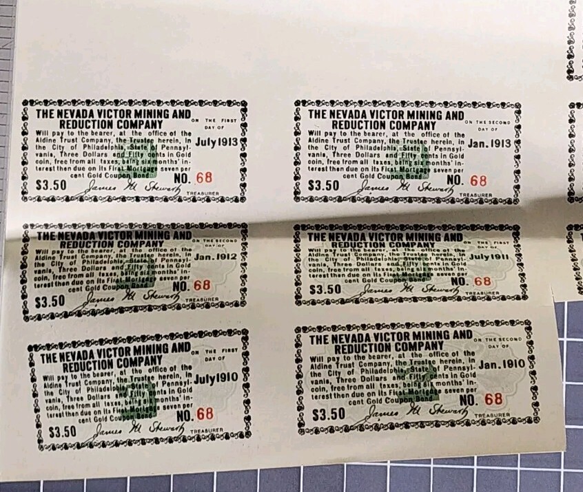 Nevada Victor Mining Reduction Co. Gold Coupon Bond 1908 First Mortgage #68