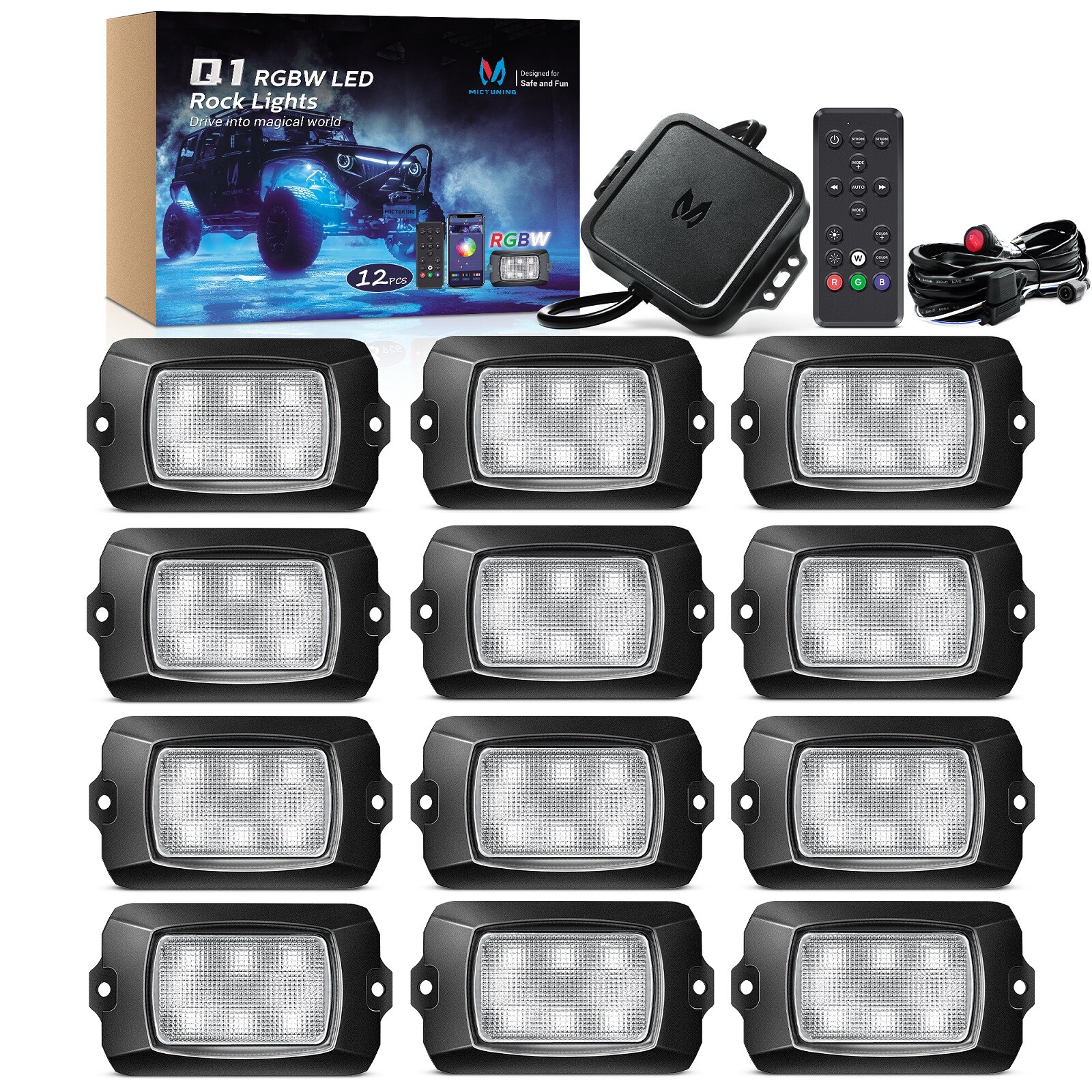 MICTUNING Q1 RGBW LED Rock Lights,12 Pods Underglow Neon Multicolor Lighting Kit