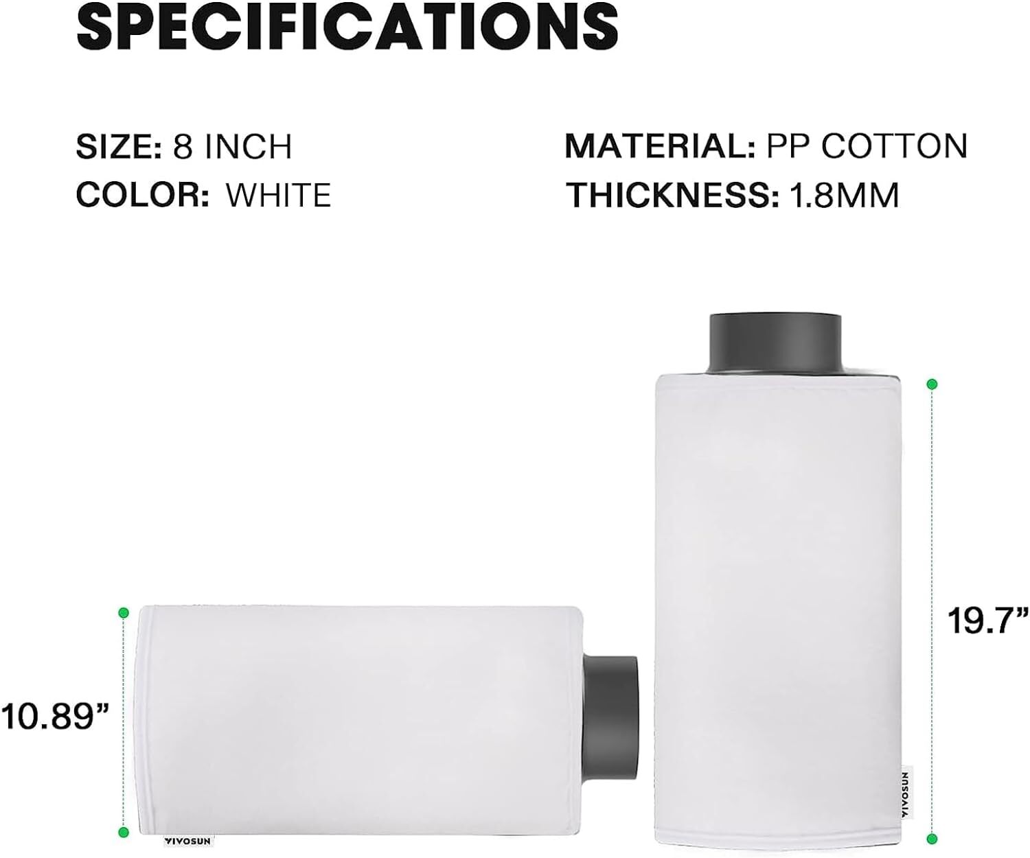 VIVOSUN 4"/6"/8" PP Cotton Prefilter for 4/6/8 inch Carbon Filter Black/White