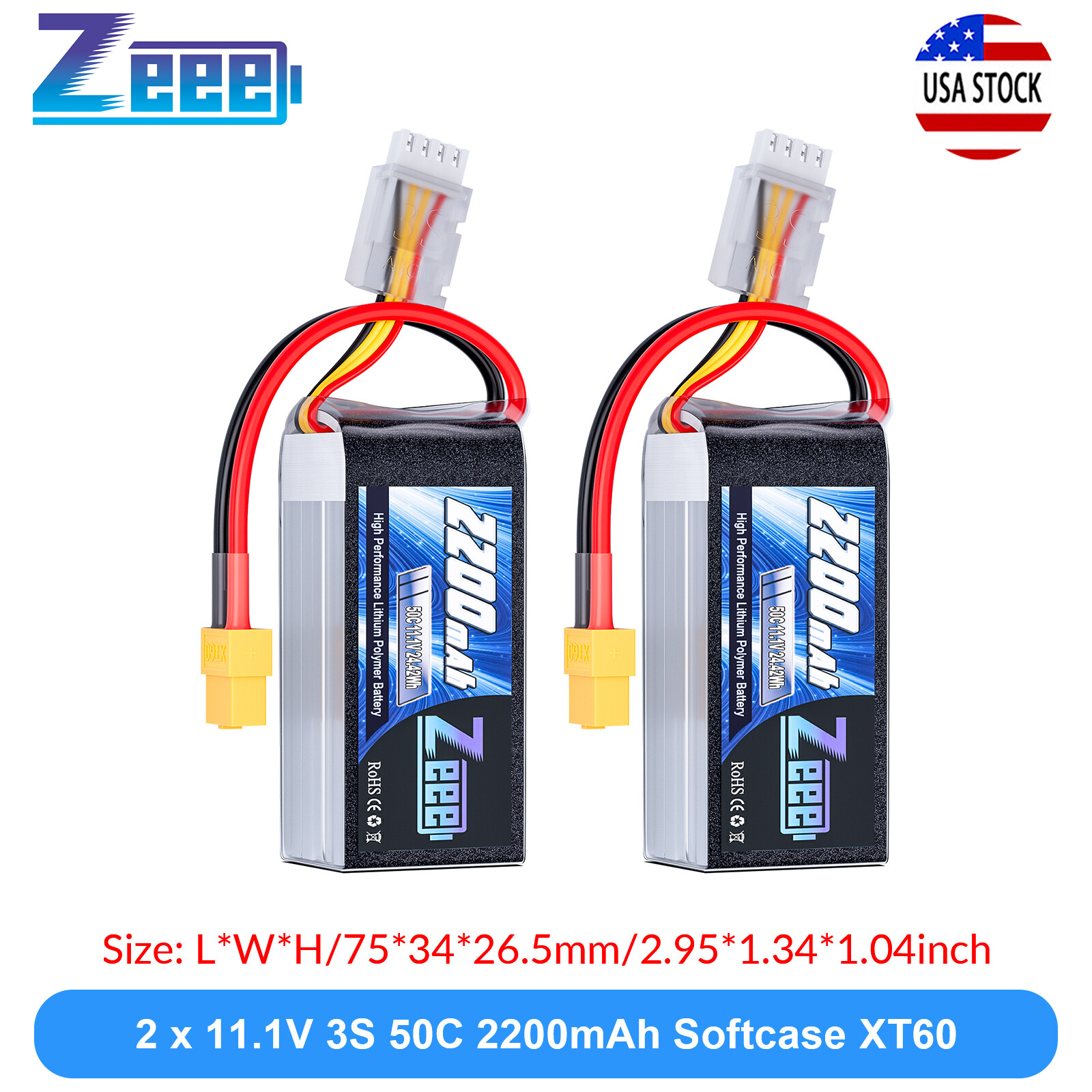 2x Zeee 3S Shorty Lipo Battery 2200mAh 11.1V 50C XT60 for RC Car Truck Heli Quad