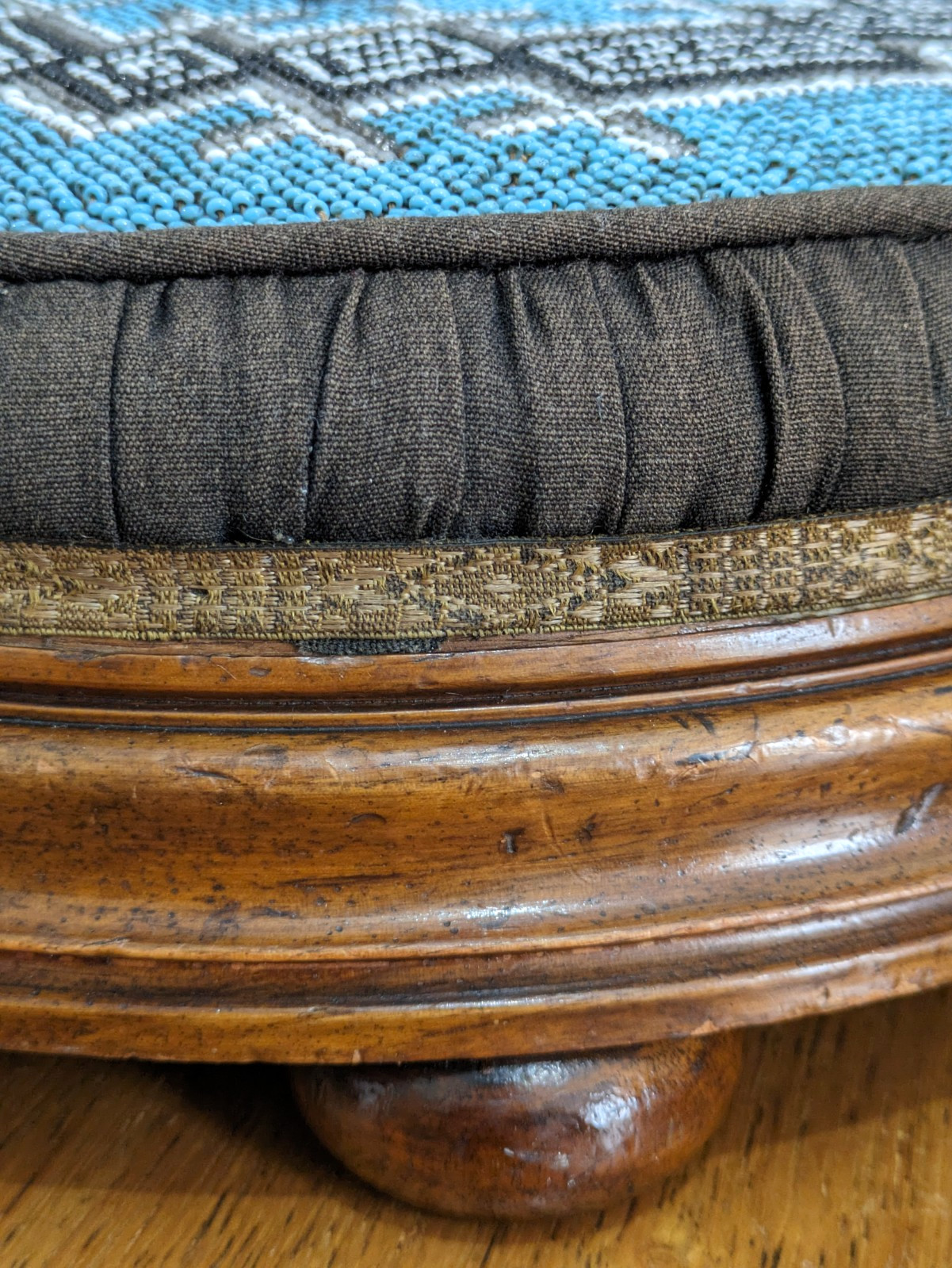 Victorian 19th Century Pair Walnut Turquoise Beadwork Bunfeet Footstools Antique