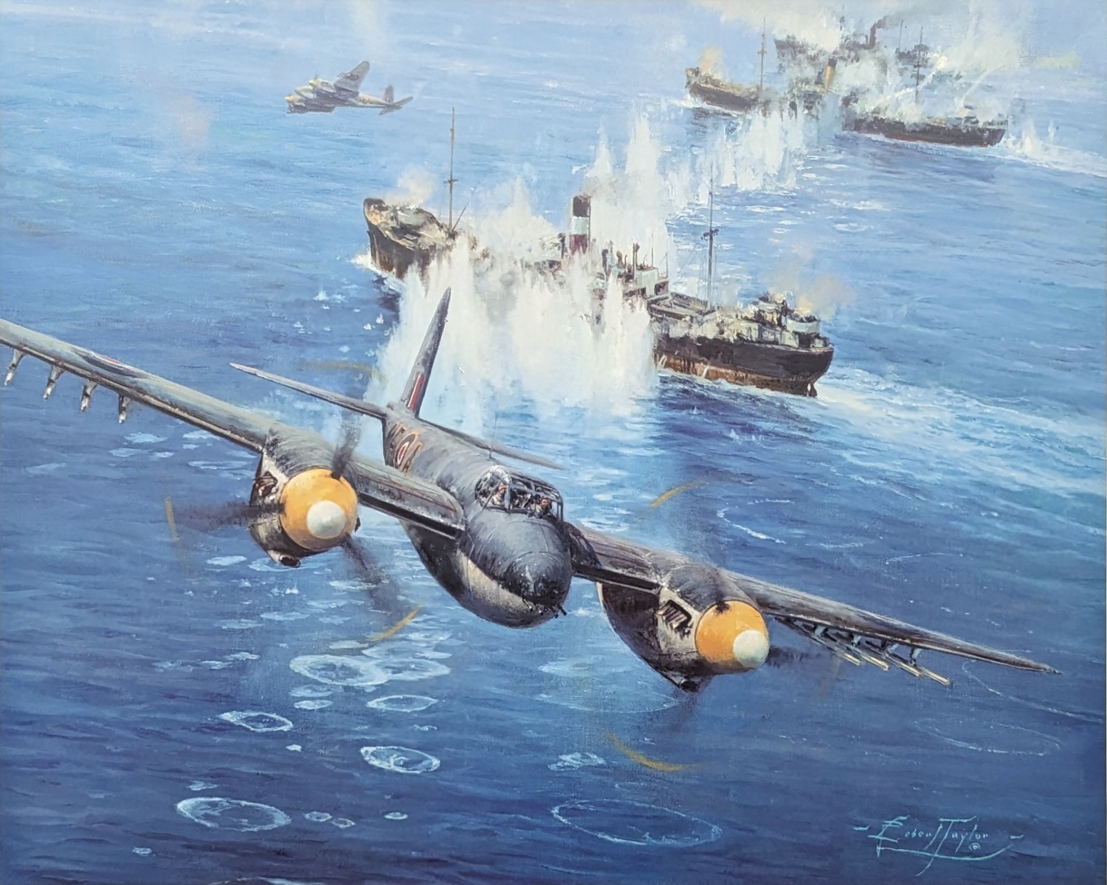 Devastating Strike by Robert Taylor aviation art signed by 2 Mosquito Pilots