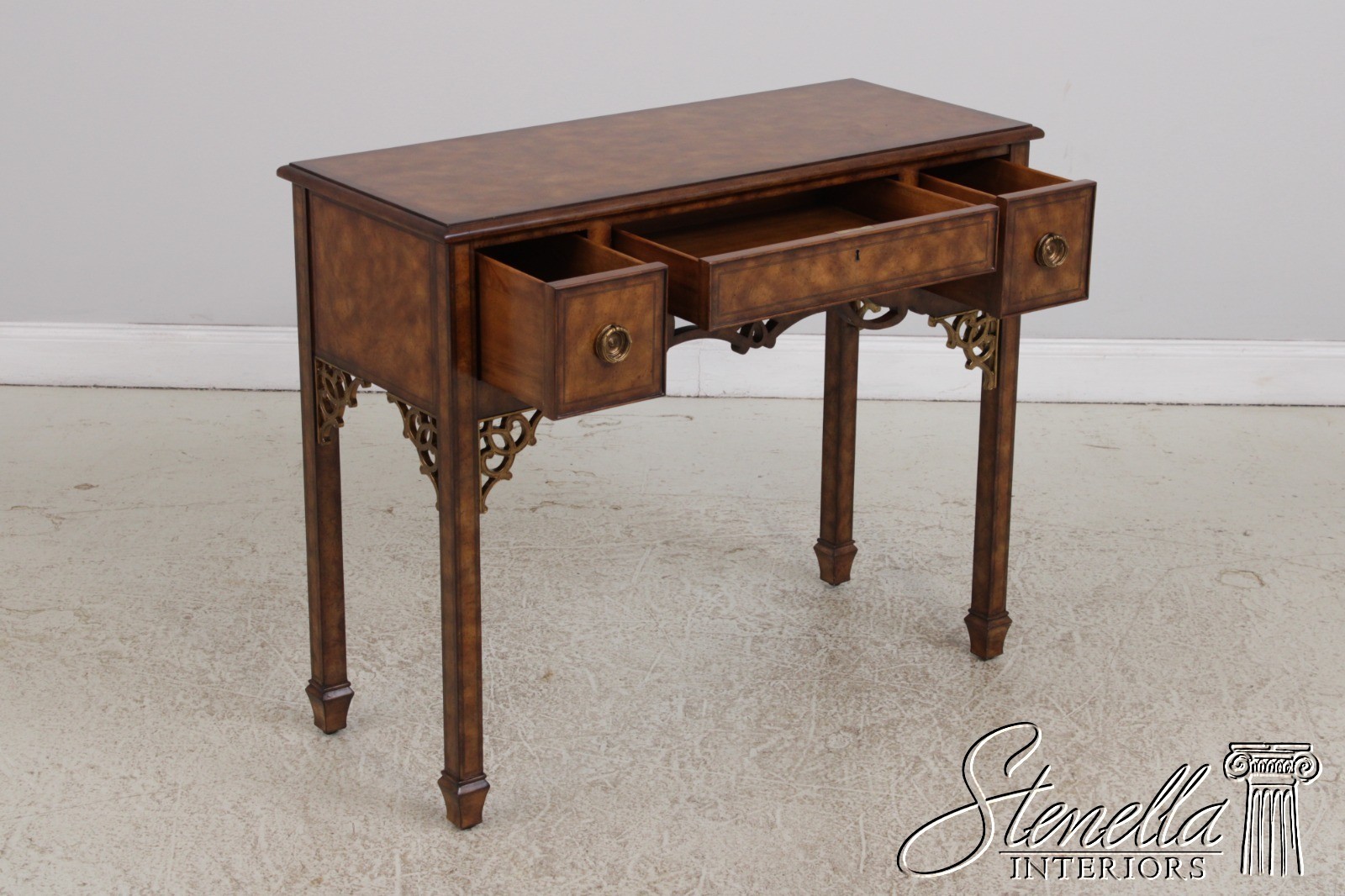 72329: MAITLAND SMITH Burl Wood 3 Drawer Writing Desk Console