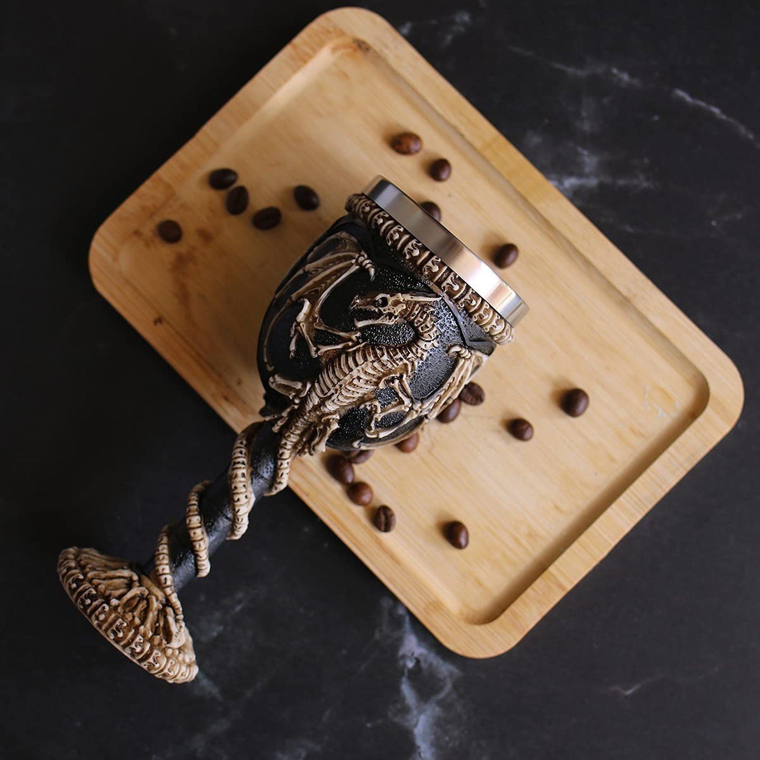 Stainless Steel Medieval Dragon Chalice Goblet, Gothic Dragon Skeleton Ossuar...