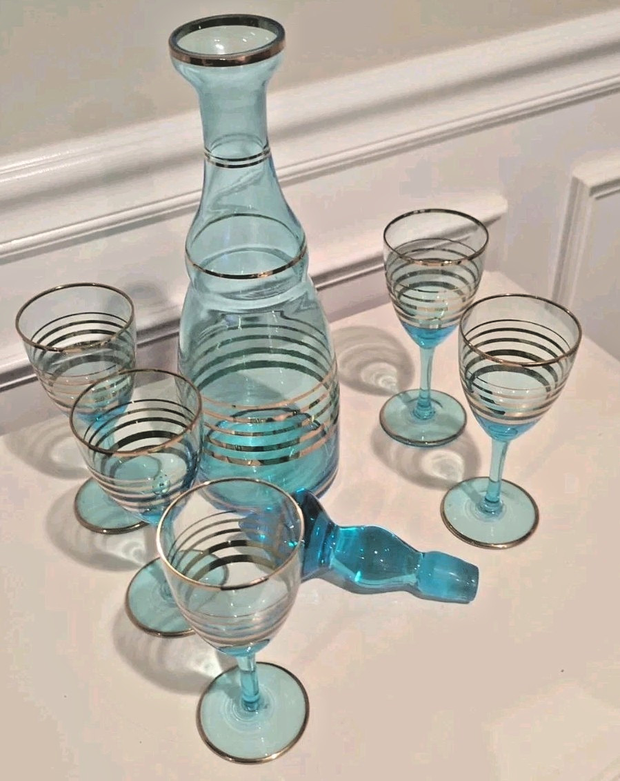 MCM Vintage Teal Blue & Gold Romanian Glass Decanter 4 Cordial Glasses 7 pc Set