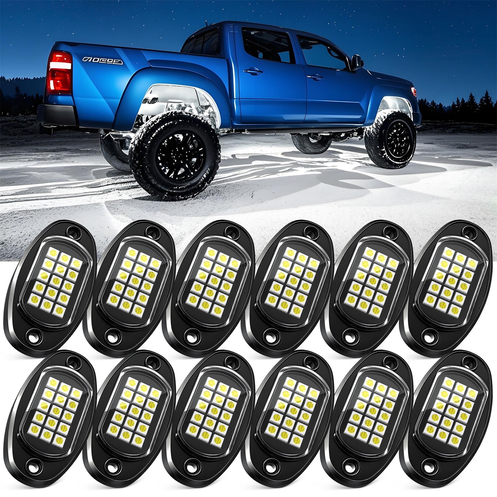12 Pods Pure White LED Rock Lights, Waterproof Underglow Under Car Truck Lights
