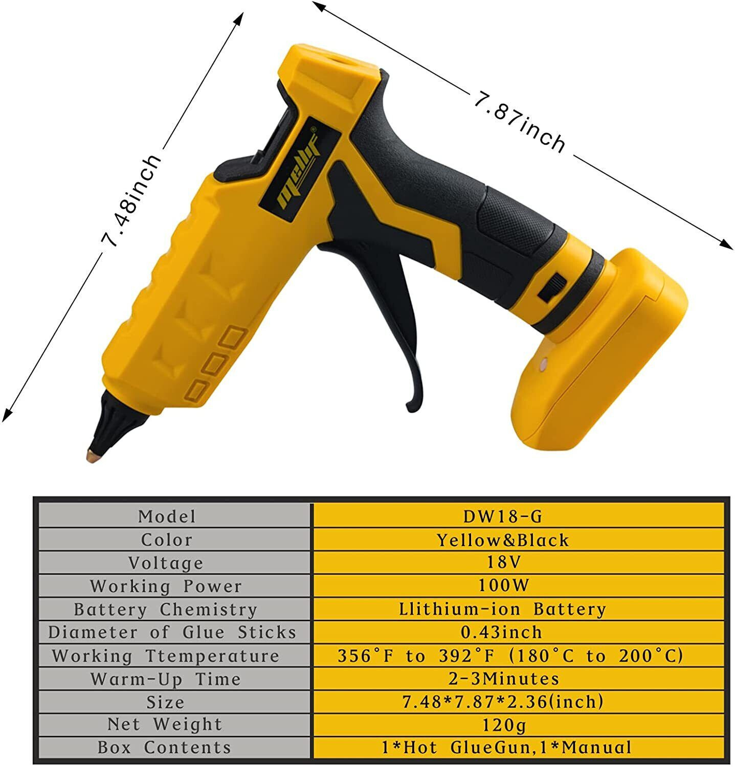 Mellif 100W Cordless Hot Glue Gun for dewalt 20V Max Battery (NOT Included)