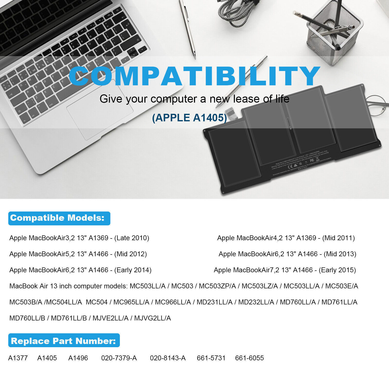 LOT Battery A1405 A1496 for MacBook Air 13'' A1466 Mid 2012 2013,Early 2015 55Wh