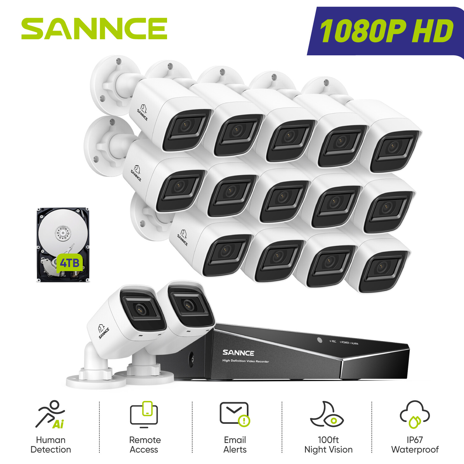 SANNCE 5in1 16CH DVR 1080P Video Security Camera System Outdoor Human Detection