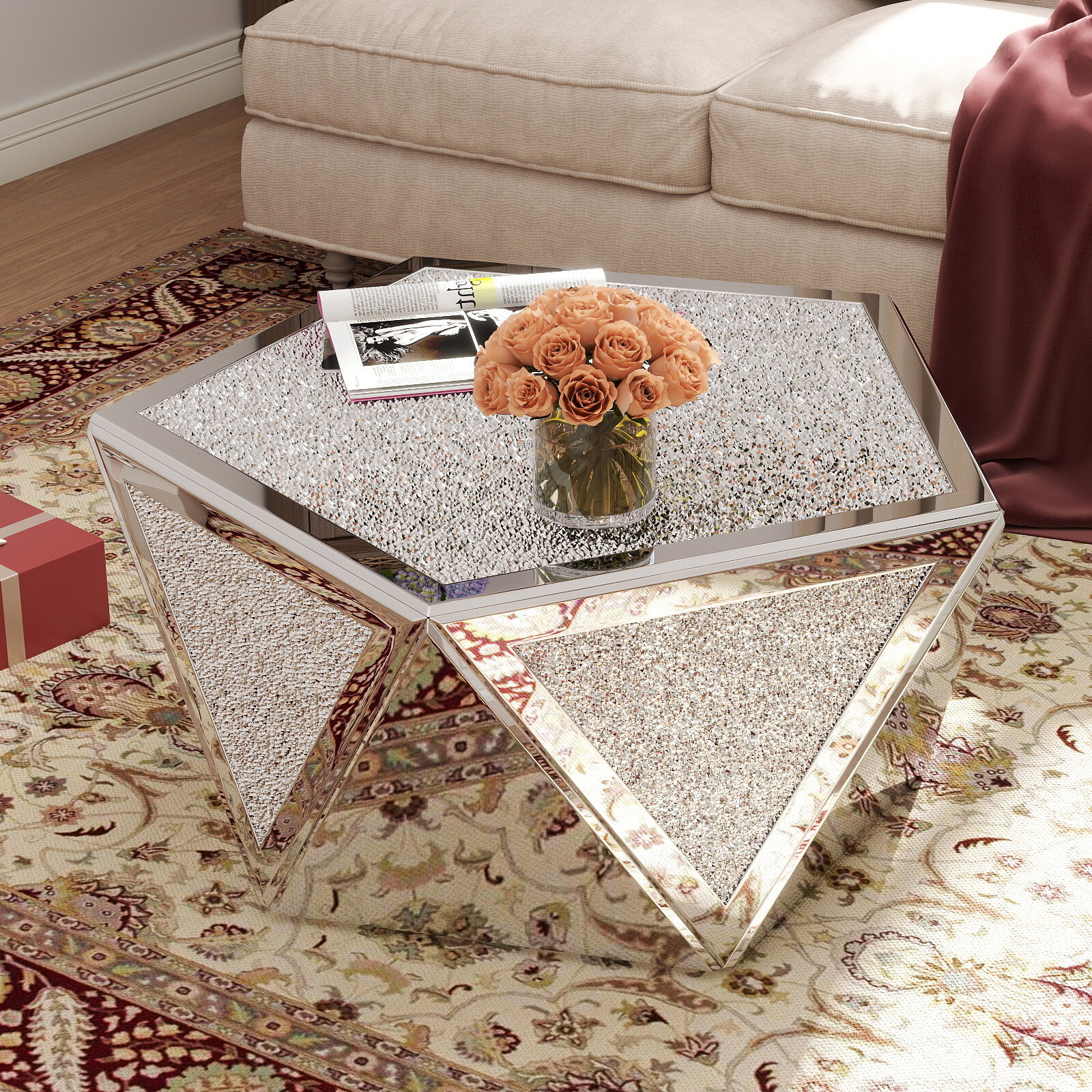 Silver Pentagonal Mirrored Coffee Table Side Table with Crushed Diamond Tabletop