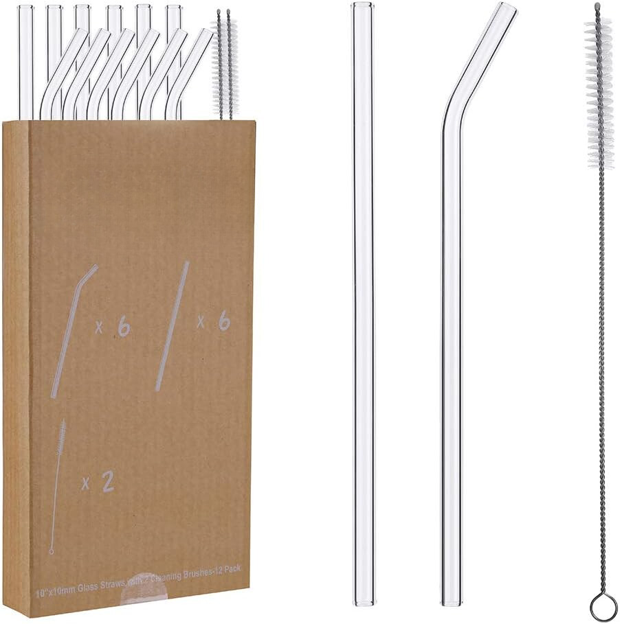 12 Pcs Reusable Glass Drinking Straws 6 Straight & 6 Bent 8x8mm with 2 Brushes