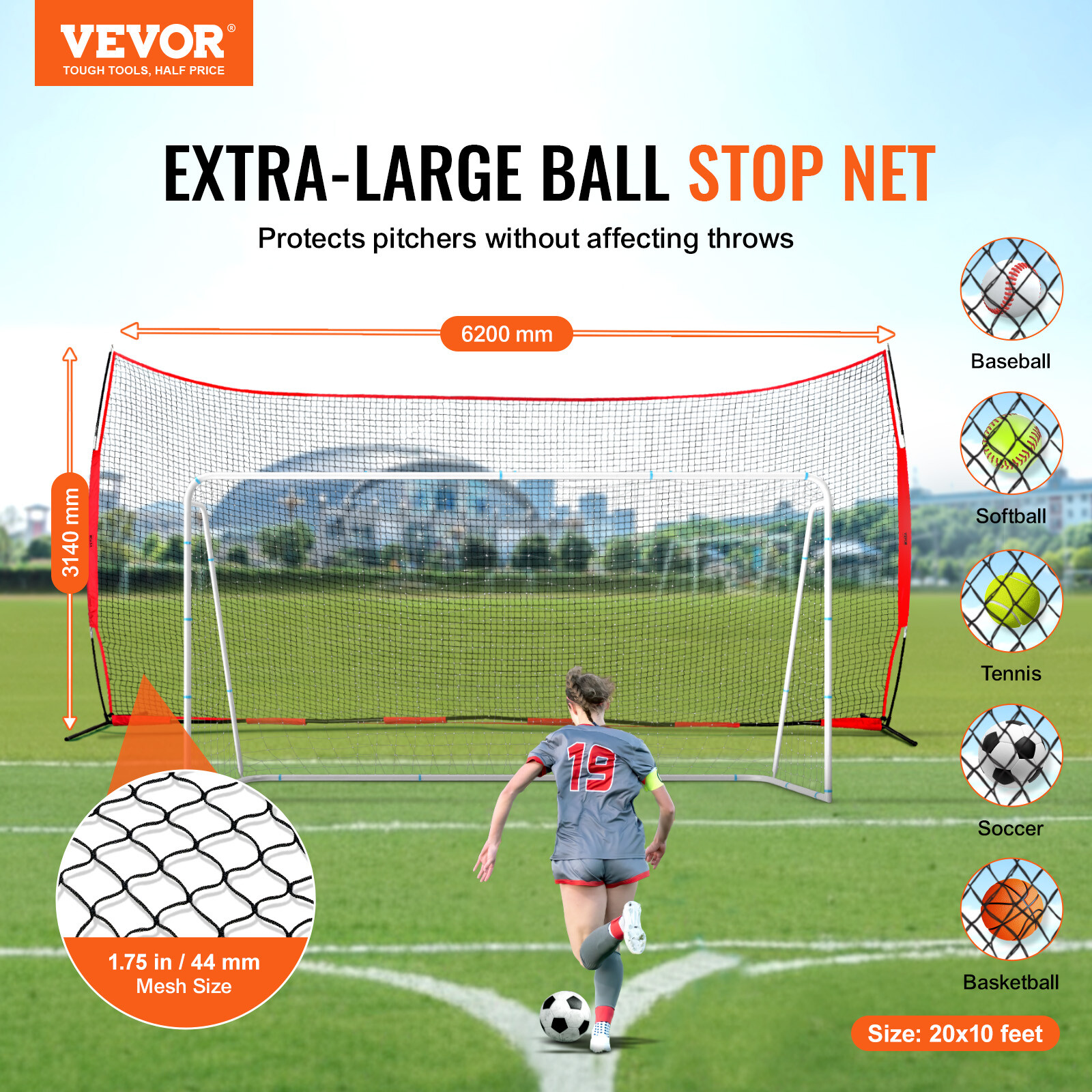 VEVOR Barricade Backstop Net Ball Sports Barrier Softball Practice Net 20x10ft