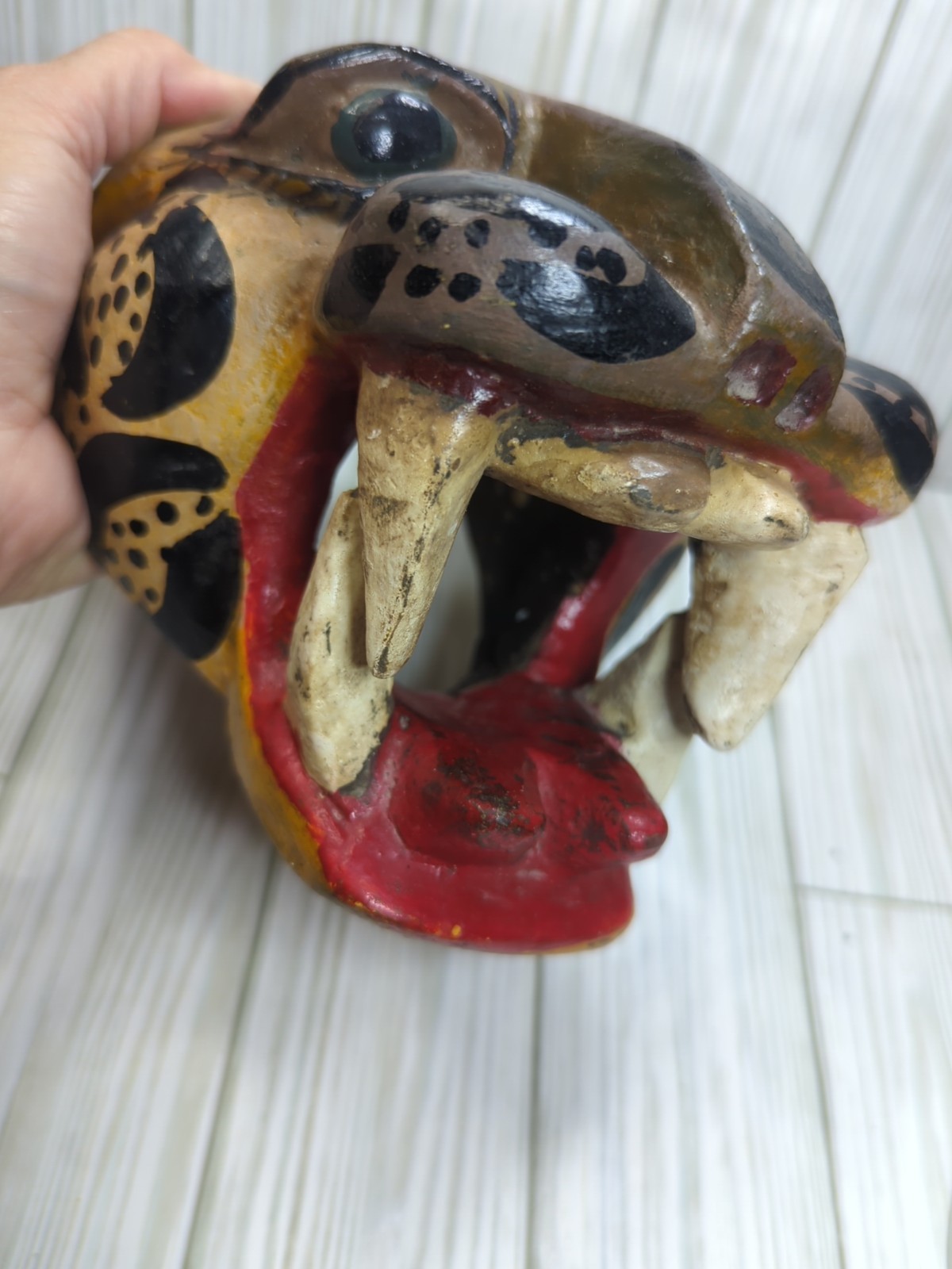 Mexican Nahua Folk Art Guerrero Carved Wood Cat Jaguar Animal Head