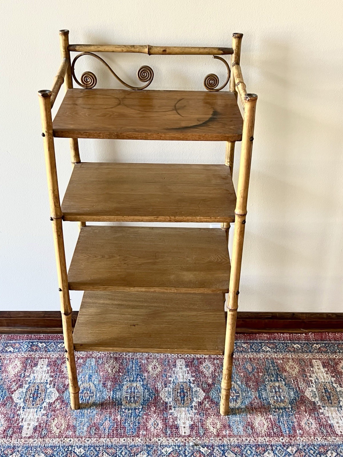 Antique Bamboo & Oak Etagere Curio Plant Fern Stand Book Shelf